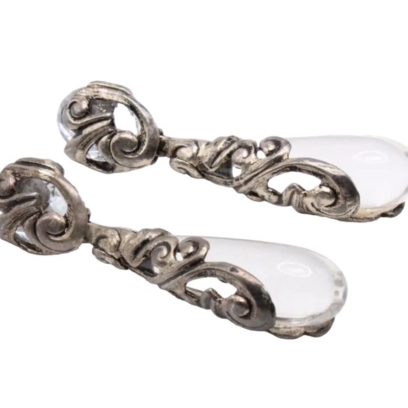 Isabel Canovas Lucite Silver Clip Earrings  3.5" French Couture Unsigned - Picture 2 of 5